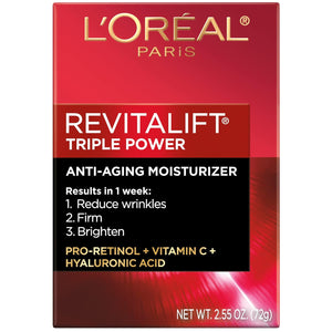 L'Oreal Paris Revitalift Triple Power Anti-Aging Face Moisturizer, Pro Retinol, Hyaluronic Acid & Vitamin C, Reduce Wrinkles