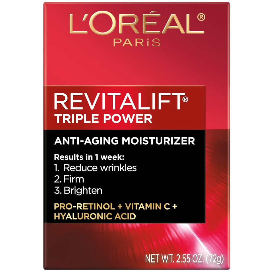 L'Oreal Paris Revitalift Triple Power Anti-Aging Face Moisturizer, Pro Retinol, Hyaluronic Acid & Vitamin C, Reduce Wrinkles