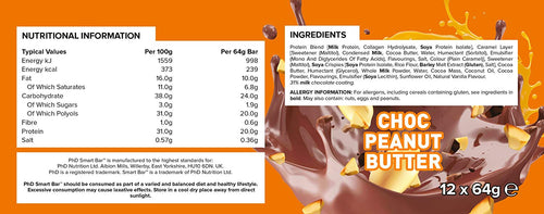 PhD Smart Bar-High Protein Low Sugar Bar, Chocolate Peanut Butter, 64 g, Pack of 12