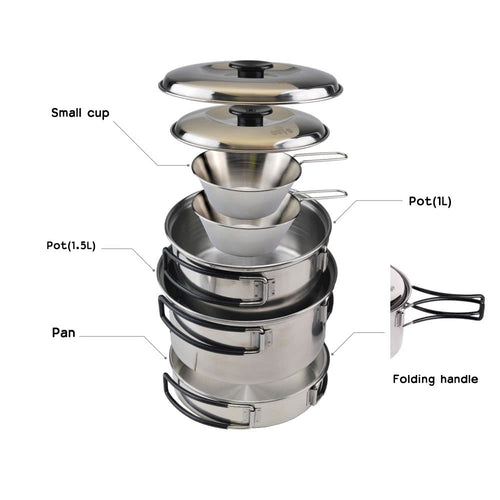 Outdoor Camping Hiking Cookware Backpacking Cooking Picnic Bowl Pot Pan Set Stainless Steel Cook Set